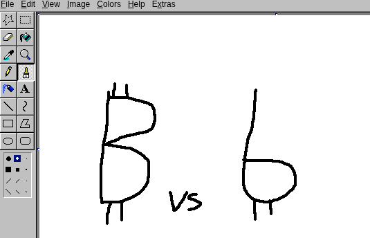 Rough hand-drawn sketch: ₿ on the left vs a proposed lowercase sats symbol on the right